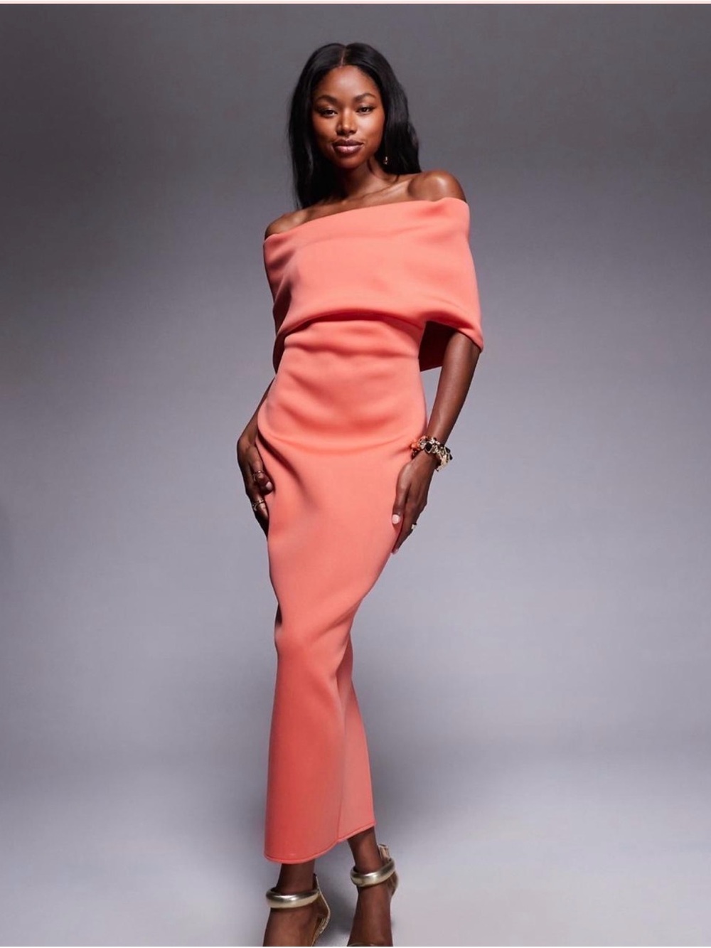 ASOS Coral One-Shoulder Fold-Over Midi Dress